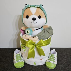 1 Tier Green Dino Diaper Cake Baby Gift