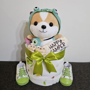 1 Tier Green Dino Diaper Cake Baby Gift